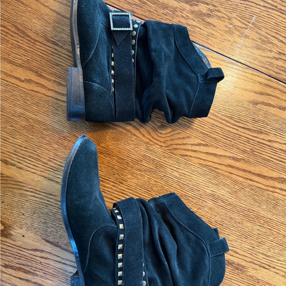 twiggy LONDON Black Suede Ankle Booties with Rhinestone Buckle & Studs